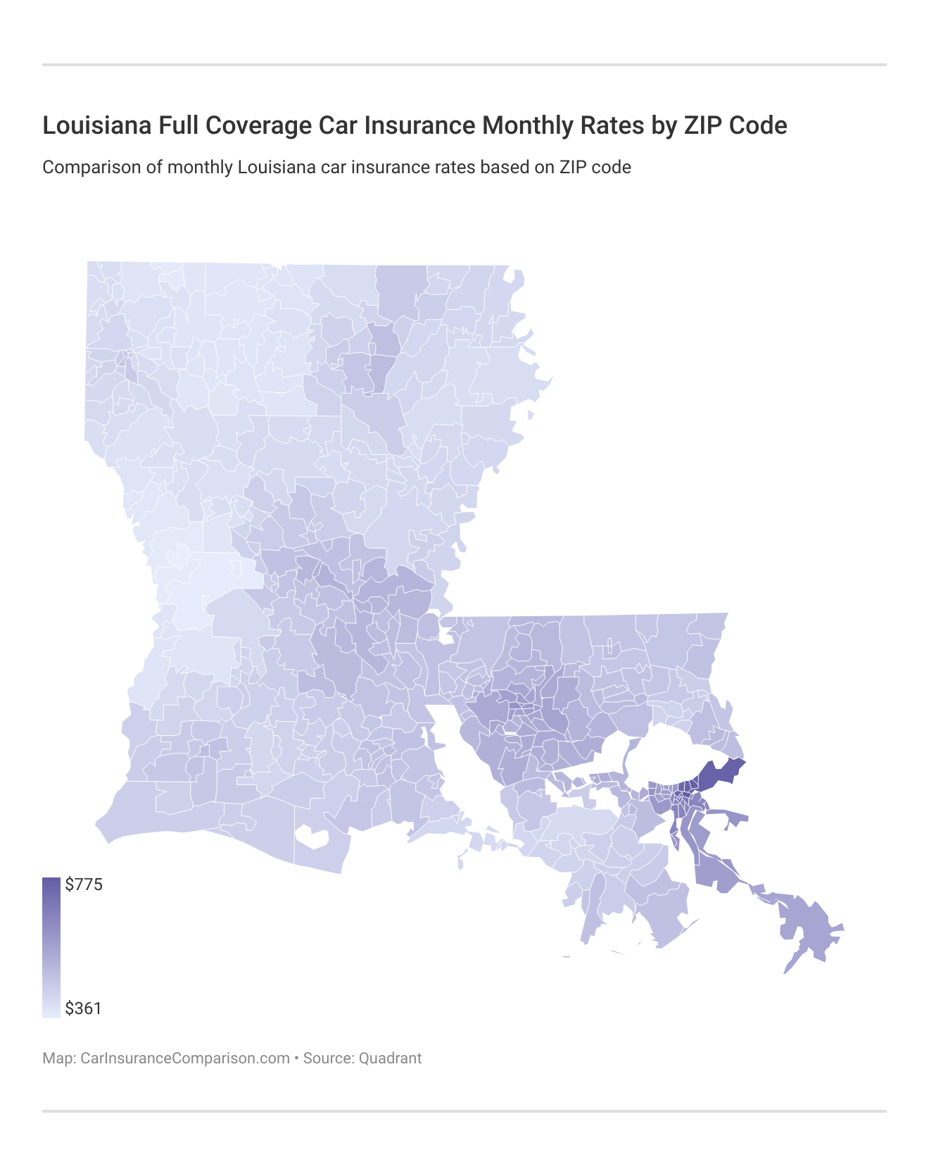 <h3>Louisiana Full Coverage Car Insurance Monthly Rates by ZIP Code</h3>