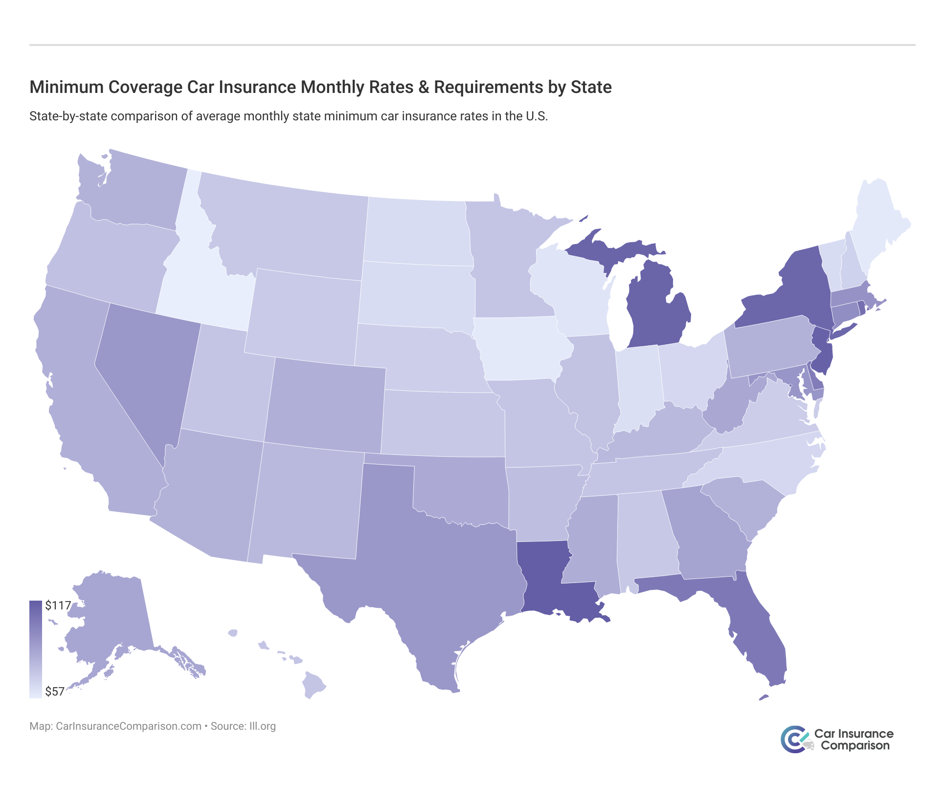 <h3>Minimum Coverage Car Insurance Monthly Rates & Requirements by State</h3>