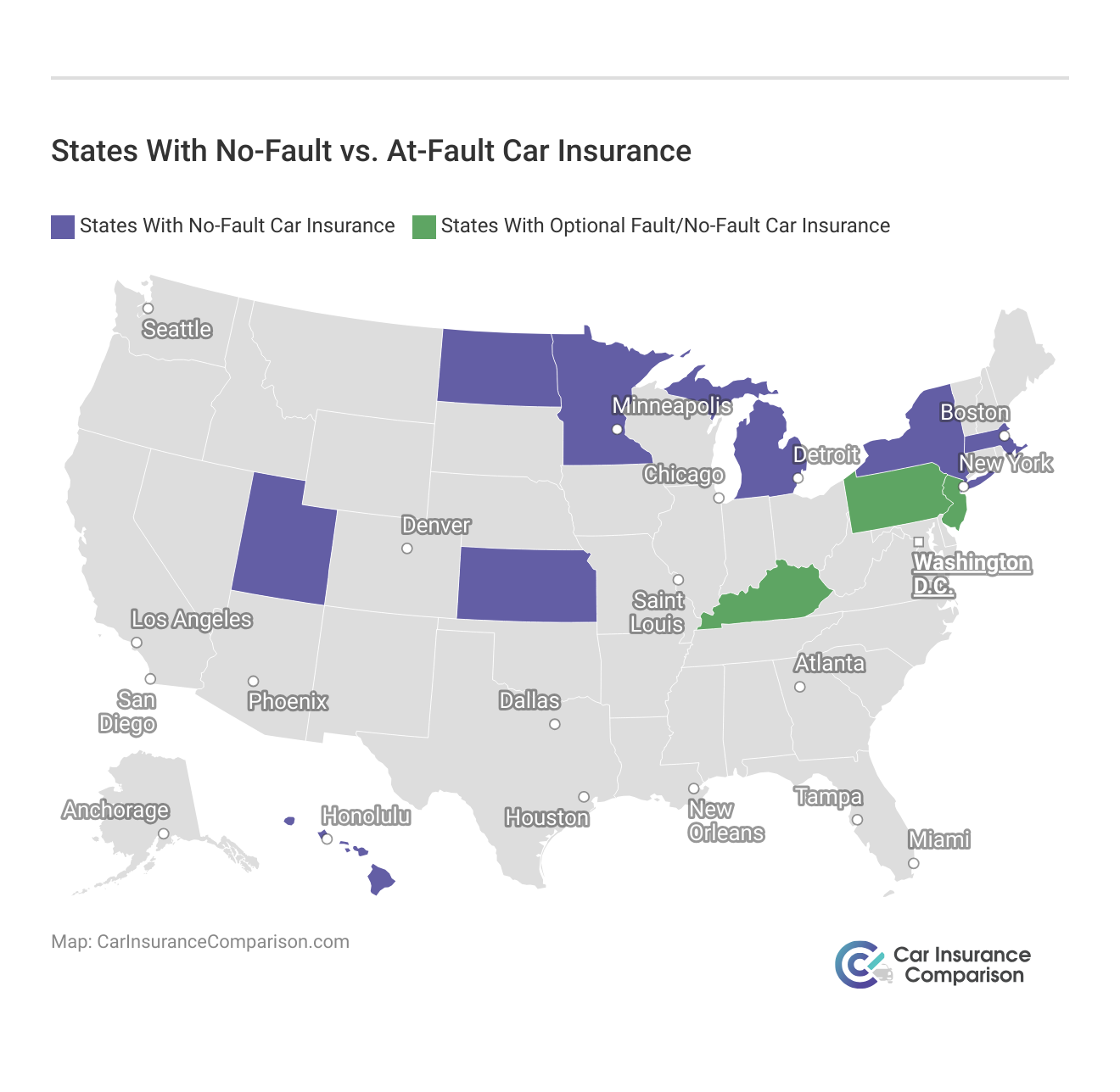 <h3>States With No-Fault vs. At-Fault Car Insurance</h3>